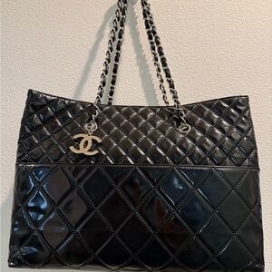 Chanel Black Quilted  Patent Leather Tote with Chain Shoulder Straps
